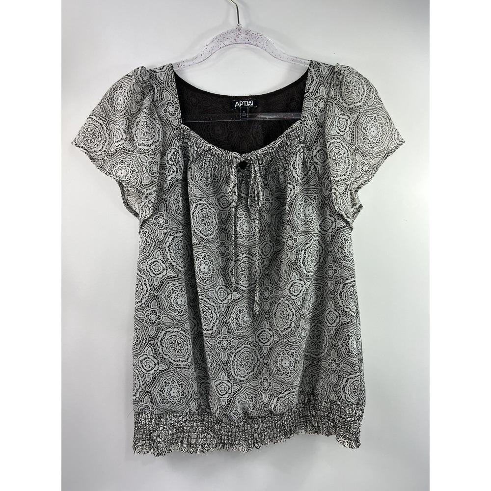 Apt. 9 Blouse Women's Sz S Brown/White Print Smocked Neck Tie Short Sleeves